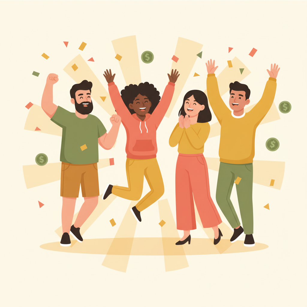 Diverse group celebrating earning money